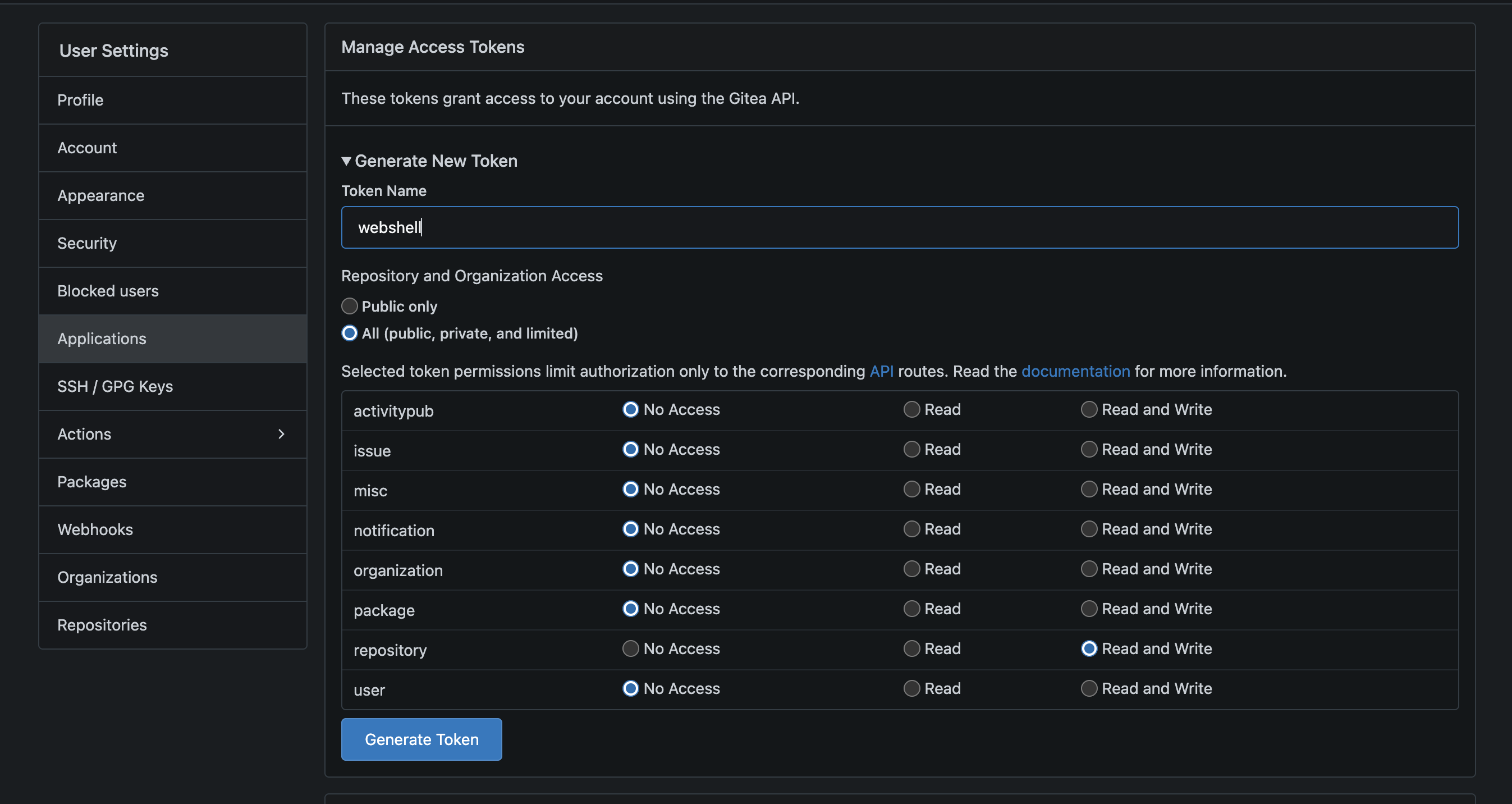 Creating the access token on Gitea